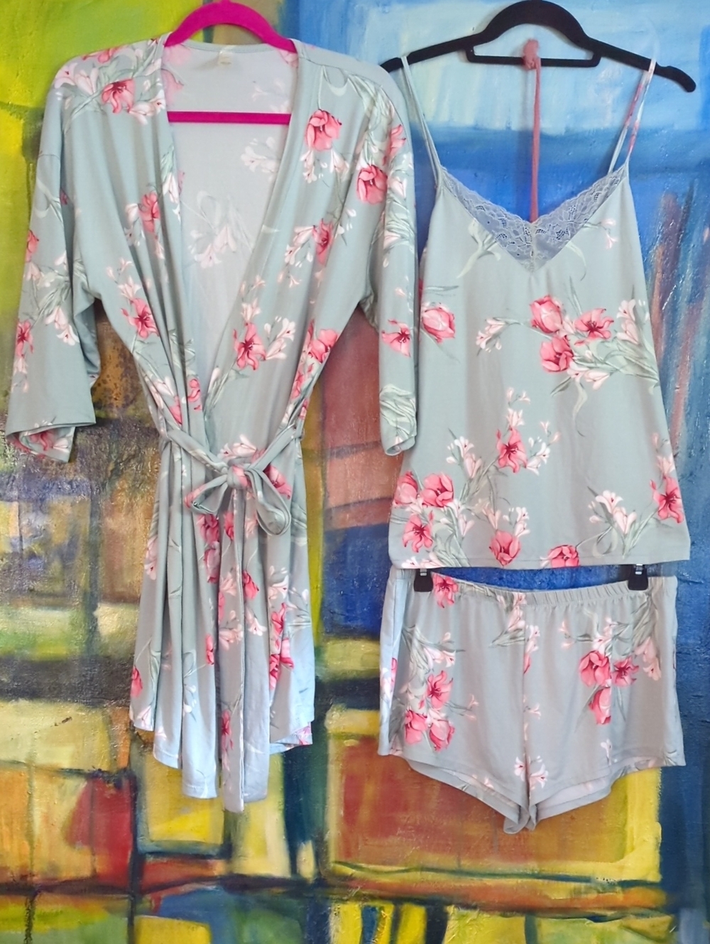 Flora Nikrooz Women Jill 3 Piece Set Robe & Chemise Short Set Lace Trim Medium